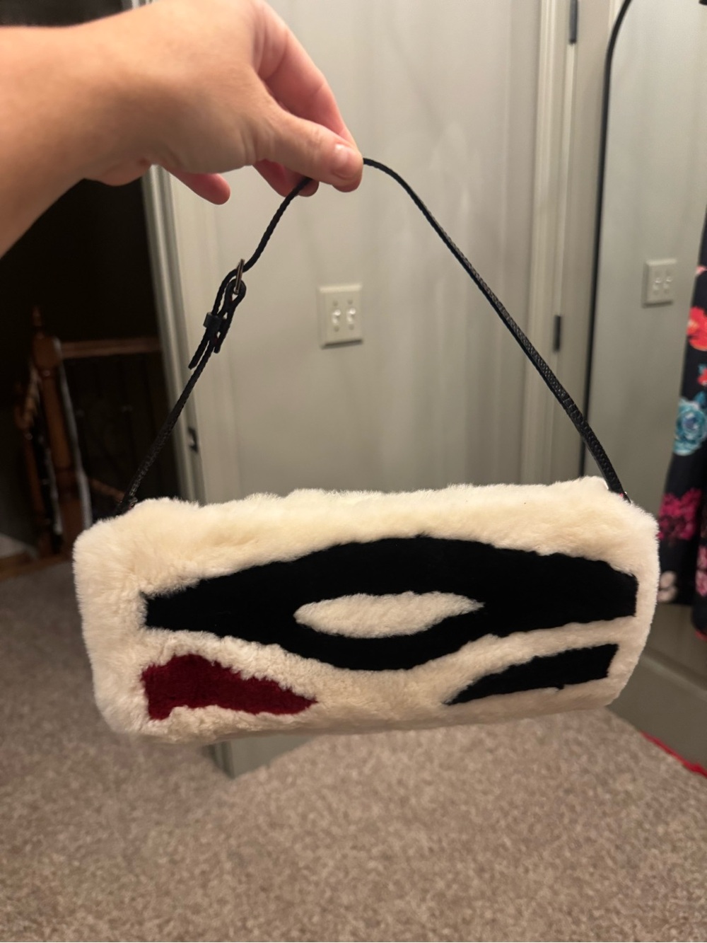 Valentino Rabbit Fur Cream Bag with Black & Red Accents